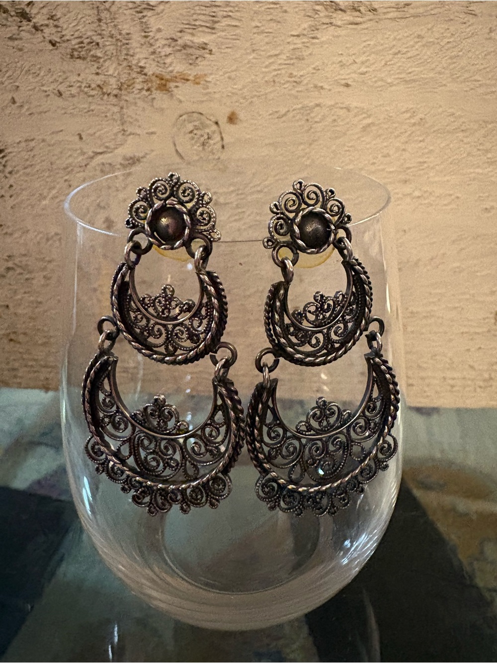 Boho Chic Silver Tone Filigree Rustic Double Drop Chandelier Statement Earrings - Picture 2 of 6